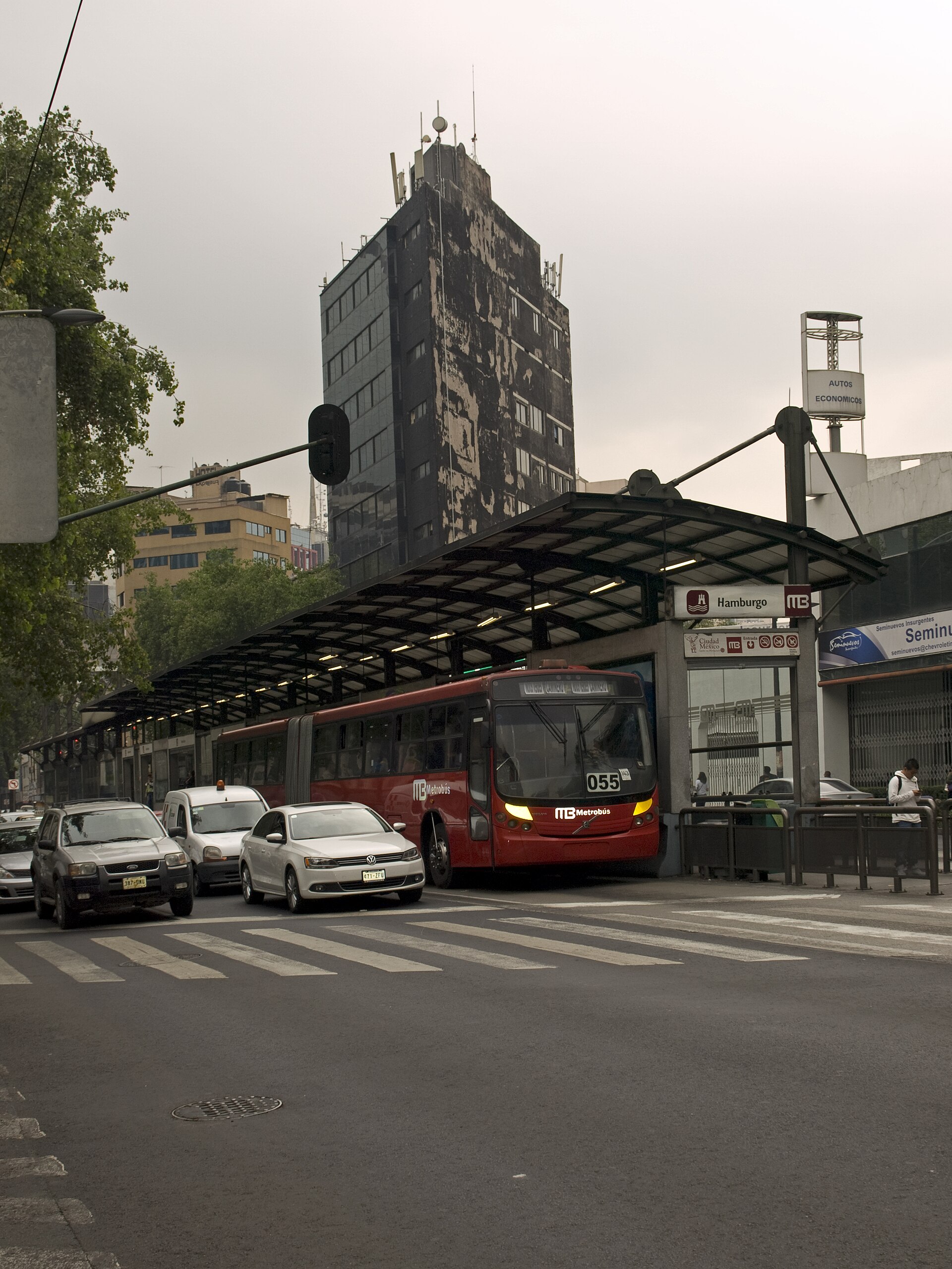 A red articulated Metrobus pulling into the covered Hamburgo station in the middle of Avenida Insurgentes, with cars queuing alongside