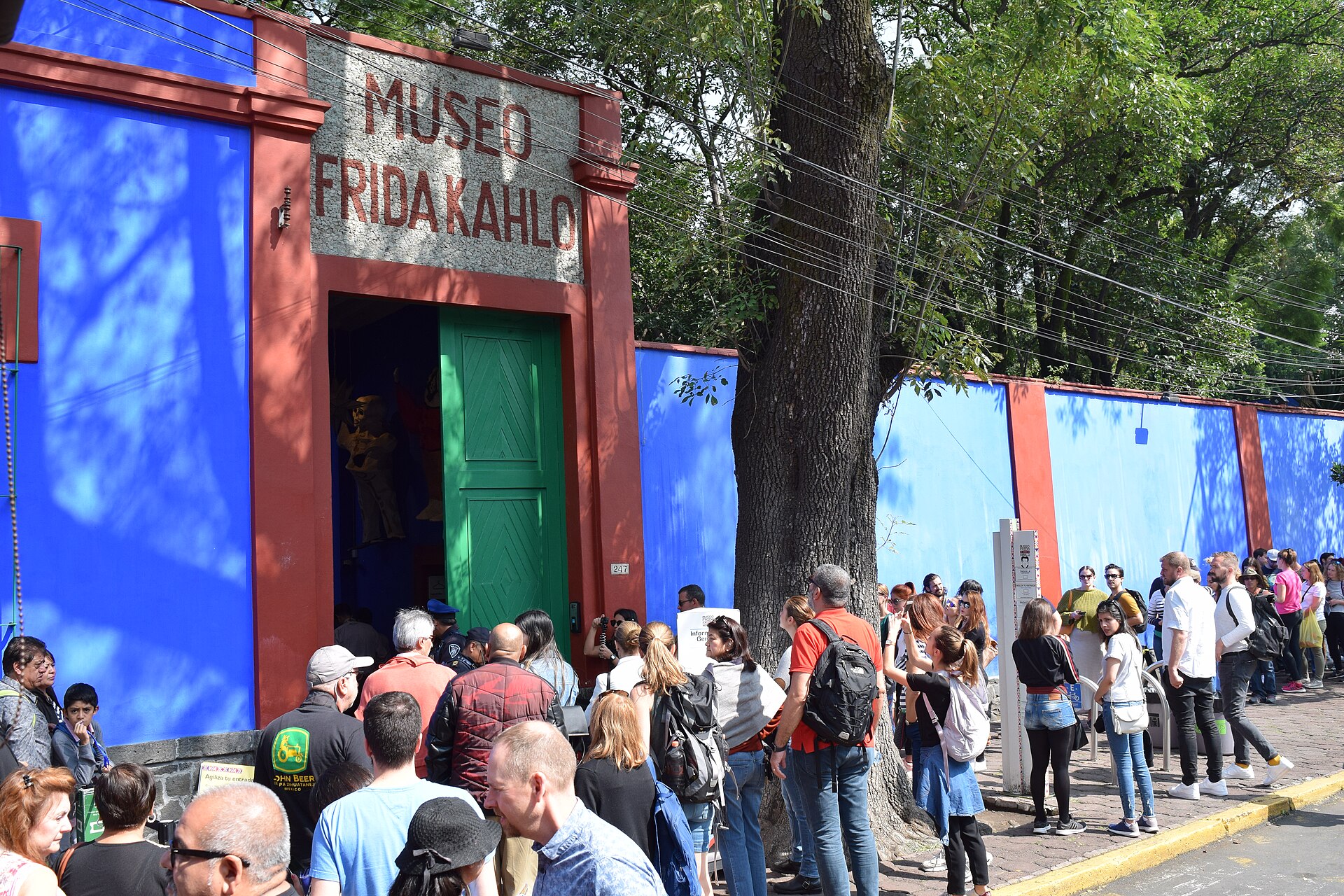 The cobalt blue exterior wall of the Casa Azul, the Museo Frida Kahlo, in Coyoacan